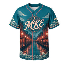 Load image into Gallery viewer, Riverwalk Lanterns Milwaukee Baseball Jersey in River Teal, front view – glowing lanterns, bridges and river reflections at dusk, custom name and number