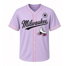 Load image into Gallery viewer, Roller Skates Milwaukee Baseball Jersey in Disco Lavender, front view – retro high-top roller skate with bright wheels graphic with star crest, custom name and number