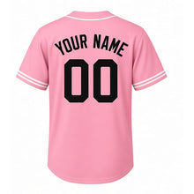Load image into Gallery viewer, Roller Skates Milwaukee Baseball Jersey in Bubblegum Pink, back view with your name and number – custom block name and number with retro-stripe sleeves