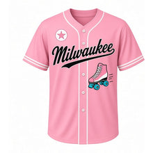 Load image into Gallery viewer, Roller Skates Milwaukee Baseball Jersey in Bubblegum Pink, front view – retro high-top roller skate with bright wheels graphic with star crest, custom name and number
