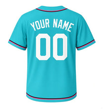 Load image into Gallery viewer, Roller Skates Milwaukee Baseball Jersey in Retro Turquoise, back view with your name and number – custom block name and number with retro-stripe sleeves