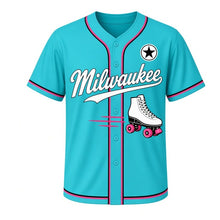 Load image into Gallery viewer, Roller Skates Milwaukee Baseball Jersey in Retro Turquoise, front view – retro high-top roller skate with bright wheels graphic with star crest, custom name and number