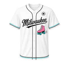 Load image into Gallery viewer, Roller Skates Milwaukee Baseball Jersey in Rink White, front view – retro high-top roller skate with bright wheels graphic with star crest, custom name and number