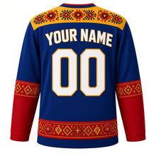 Load image into Gallery viewer, Romania Original Hockey Jersey in Carpathian Blue, back view with your name and number – ie-embroidery yoke and twisted-rope sleeve bands