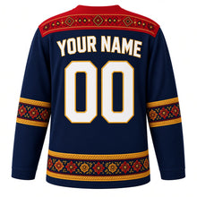 Load image into Gallery viewer, Romania Original Hockey Jersey in Danube Night, back view with your name and number – ie-embroidery yoke and twisted-rope sleeve bands
