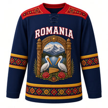 Load image into Gallery viewer, Romania Original Hockey Jersey in Danube Night, front view – ie-embroidery yoke and carved Maramures-gate crest with ornate detailed artwork, custom name and number