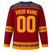 Load image into Gallery viewer, Romania Original Hockey Jersey in Peony Red, back view with your name and number – ie-embroidery yoke and twisted-rope sleeve bands