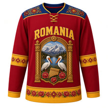 Load image into Gallery viewer, Romania Original Hockey Jersey in Peony Red, front view – ie-embroidery yoke and carved Maramures-gate crest with ornate detailed artwork, custom name and number