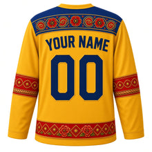 Load image into Gallery viewer, Romania Original Hockey Jersey in Sunflower Yellow, back view with your name and number – ie-embroidery yoke and twisted-rope sleeve bands