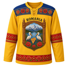 Load image into Gallery viewer, Romania Original Hockey Jersey in Sunflower Yellow, front view – ie-embroidery yoke and carved Maramures-gate crest with ornate detailed artwork, custom name and number