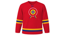 Load image into Gallery viewer, Romanian National Day Original Hockey Jersey in Crimson Red, front view – custom name and number