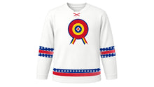 Load image into Gallery viewer, Romanian National Day Original Hockey Jersey in White, front view – custom name and number
