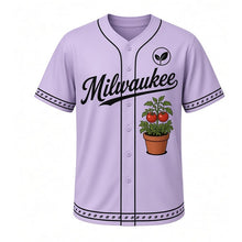 Load image into Gallery viewer, Rooftop Garden Milwaukee Baseball Jersey in Herb Lavender, front view – potted herb and tomato plant graphic with sprout crest, custom name and number