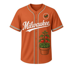 Load image into Gallery viewer, Rooftop Garden Milwaukee Baseball Jersey in Terracotta Clay, front view – potted herb and tomato plant graphic with sprout crest, custom name and number
