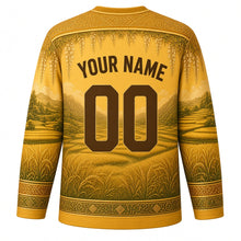 Load image into Gallery viewer, Royal Ploughing Ceremony Original Hockey Jersey in Rice Gold, back view with custom YOUR NAME and 00