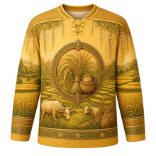 Load image into Gallery viewer, Royal Ploughing Ceremony Original Hockey Jersey in Rice Gold, front view with detailed full-body artwork and ornate crest