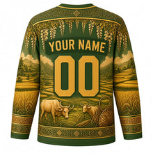 Load image into Gallery viewer, Royal Ploughing Ceremony Original Hockey Jersey in Paddy Green, back view with custom YOUR NAME and 00
