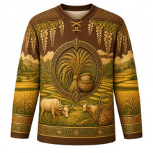 Load image into Gallery viewer, Royal Ploughing Ceremony Original Hockey Jersey in Earth Brown, front view with detailed full-body artwork and ornate crest