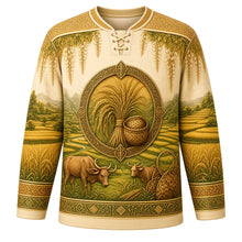 Load image into Gallery viewer, Royal Ploughing Ceremony Original Hockey Jersey in Cream, front view with detailed full-body artwork and ornate crest
