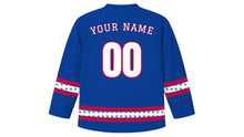 Load image into Gallery viewer, Runeberg Day Original Hockey Jersey in Finnish Blue, back view with your name and number