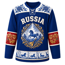 Load image into Gallery viewer, Russia Original Hockey Jersey in Gzhel Cobalt, front view – Gzhel-painted yoke and Khokhloma-framed diamond crest with ornate detailed artwork, custom name and number