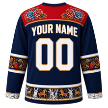 Load image into Gallery viewer, Russia Original Hockey Jersey in Neva Navy, back view with your name and number – Gzhel-painted yoke and Khokhloma berry sleeve bands
