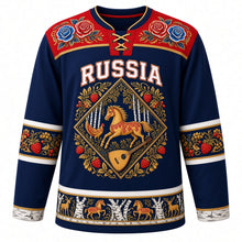 Load image into Gallery viewer, Russia Original Hockey Jersey in Neva Navy, front view – Gzhel-painted yoke and Khokhloma-framed diamond crest with ornate detailed artwork, custom name and number