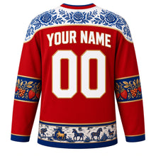 Load image into Gallery viewer, Russia Original Hockey Jersey in Khokhloma Red, back view with your name and number – Gzhel-painted yoke and Khokhloma berry sleeve bands