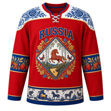 Load image into Gallery viewer, Russia Original Hockey Jersey in Khokhloma Red, front view – Gzhel-painted yoke and Khokhloma-framed diamond crest with ornate detailed artwork, custom name and number