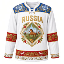 Load image into Gallery viewer, Russia Original Hockey Jersey in Birch White, front view – Gzhel-painted yoke and Khokhloma-framed diamond crest with ornate detailed artwork, custom name and number