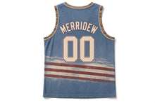 Load image into Gallery viewer, Rustic Barn Flag Original Basketball Jersey in Faded Denim, back view with your name and number