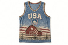 Load image into Gallery viewer, Rustic Barn Flag Original Basketball Jersey in Faded Denim, front view – custom name and number
