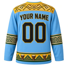 Load image into Gallery viewer, Rwanda Original Hockey Jersey in Lake Kivu Blue, back view with your name and number – imigongo relief yoke and agaseke basket-weave sleeve bands