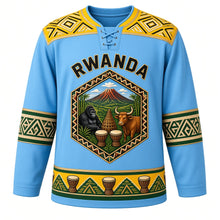 Load image into Gallery viewer, Rwanda Original Hockey Jersey in Lake Kivu Blue, front view – imigongo relief yoke and Virunga-volcano hexagon crest with ornate detailed artwork, custom name and number