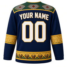 Load image into Gallery viewer, Rwanda Original Hockey Jersey in Virunga Blue, back view with your name and number – imigongo relief yoke and agaseke basket-weave sleeve bands
