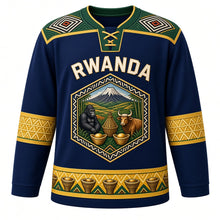 Load image into Gallery viewer, Rwanda Original Hockey Jersey in Virunga Blue, front view – imigongo relief yoke and Virunga-volcano hexagon crest with ornate detailed artwork, custom name and number