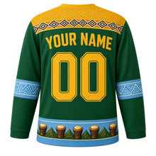 Load image into Gallery viewer, Rwanda Original Hockey Jersey in Thousand Hills Green, back view with your name and number – imigongo relief yoke and agaseke basket-weave sleeve bands