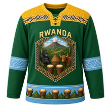 Load image into Gallery viewer, Rwanda Original Hockey Jersey in Thousand Hills Green, front view – imigongo relief yoke and Virunga-volcano hexagon crest with ornate detailed artwork, custom name and number