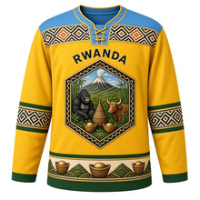 Load image into Gallery viewer, Rwanda Original Hockey Jersey in Sunrise Yellow, front view – imigongo relief yoke and Virunga-volcano hexagon crest with ornate detailed artwork, custom name and number