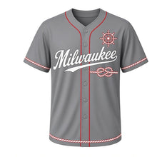 Load image into Gallery viewer, Sailing Knot Milwaukee Baseball Jersey in Anchor Gray, front view – figure-eight braided rope knot graphic with ship's-wheel crest, custom name and number