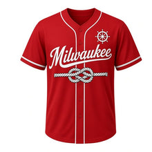 Load image into Gallery viewer, Sailing Knot Milwaukee Baseball Jersey in Rope Red, front view – figure-eight braided rope knot graphic with ship's-wheel crest, custom name and number