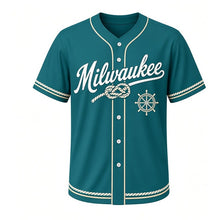 Load image into Gallery viewer, Sailing Knot Milwaukee Baseball Jersey in Harbor Teal, front view – figure-eight braided rope knot graphic with ship's-wheel crest, custom name and number