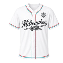 Load image into Gallery viewer, Sailing Knot Milwaukee Baseball Jersey in Sailcloth White, front view – figure-eight braided rope knot graphic with ship's-wheel crest, custom name and number