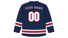 Load image into Gallery viewer, Saint George's Day Original Hockey Jersey in Royal Navy, back view with diamond-pattern sleeve and hem stripes and your name and number