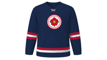Load image into Gallery viewer, Saint George's Day Original Hockey Jersey in Royal Navy, front view – a wild red rose on a red-and-white ringed medallion on the chest and diamond-pattern sleeve and hem stripes – custom name and number