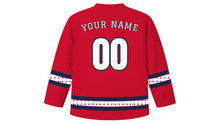 Load image into Gallery viewer, Saint George's Day Original Hockey Jersey in Rose Red, back view with diamond-pattern sleeve and hem stripes and your name and number