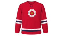 Load image into Gallery viewer, Saint George's Day Original Hockey Jersey in Rose Red, front view – a wild red rose on a red-and-white ringed medallion on the chest and diamond-pattern sleeve and hem stripes – custom name and number