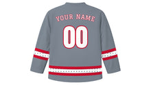 Load image into Gallery viewer, Saint George's Day Original Hockey Jersey in Steel Gray, back view with diamond-pattern sleeve and hem stripes and your name and number
