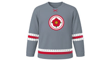 Load image into Gallery viewer, Saint George's Day Original Hockey Jersey in Steel Gray, front view – a wild red rose on a red-and-white ringed medallion on the chest and diamond-pattern sleeve and hem stripes – custom name and number