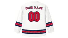 Load image into Gallery viewer, Saint George's Day Original Hockey Jersey in Chalk White, back view with diamond-pattern sleeve and hem stripes and your name and number